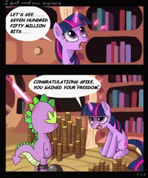 Size: 1000x1200 | Tagged: semi-grimdark, artist:ponykillerx, banned from derpibooru, deleted from derpibooru, derpibooru import, spike, twilight sparkle, abuse, backstab, ball and chain, betrayal, comic, courage the cowardly dog, dialogue, golden oaks library, imminent death, imminent murder, knife, library, money, murder, slave, slavery, spikeabuse
