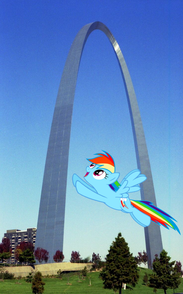 Size: 736x1179 | Tagged: safe, banned from derpibooru, deleted from derpibooru, derpibooru import, rainbow dash, pony, 1981, 80s, flying, irl, missouri, photo, ponies in real life, solo, st louis arch, st. louis, st. louis arch, vintage