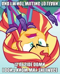 Size: 605x743 | Tagged: safe, banned from derpibooru, deleted from derpibooru, derpibooru import, screencap, sunset shimmer, equestria girls, friendship games, angry, caption, exploitable meme, forced meme, image macro, meme, solo, sunset is not willing to learn, text, upside down