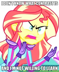Size: 606x741 | Tagged: safe, banned from derpibooru, deleted from derpibooru, derpibooru import, screencap, sunset shimmer, equestria girls, friendship games, angry, caption, exploitable meme, forced meme, image macro, meme, solo, sunset is not willing to learn, text