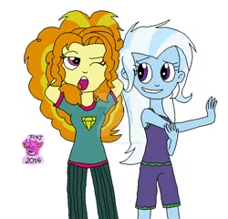 Size: 1024x983 | Tagged: safe, artist:resotii, banned from derpibooru, deleted from derpibooru, derpibooru import, adagio dazzle, trixie, equestria girls, clothes, female, lesbian, messy hair, pajamas, shipping, stretching, triagio