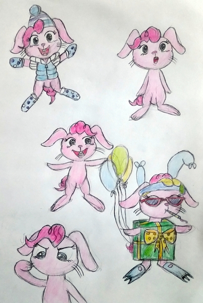 Size: 858x1280 | Tagged: dead source, safe, artist:jklrxdk, banned from derpibooru, deleted from derpibooru, derpibooru import, pinkie pie, rabbit, animal, balloon, bunnified, clothes, image, jpeg, smiling, species swap, traditional art, winter outfit