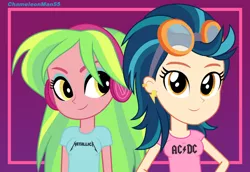 Size: 1600x1100 | Tagged: safe, artist:chameleonman55, banned from derpibooru, deleted from derpibooru, derpibooru import, indigo zap, lemon zest, equestria girls, friendship games, ac/dc, beavis and butthead, clothes, female, lemonzap, lesbian, metallica, shipping, shirt, t-shirt