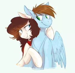 Size: 600x584 | Tagged: safe, artist:php84, banned from derpibooru, deleted from derpibooru, derpibooru import, oc, oc:charlie, oc:sorren, unofficial characters only, earth pony, pegasus, pony, charren, couple, jewelry, leaning, necklace, size difference, smiling, smirk, wings
