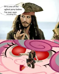 Size: 485x600 | Tagged: safe, banned from derpibooru, deleted from derpibooru, derpibooru import, princess flurry heart, spoiler:s06, exploitable meme, jack sparrow, meme, thanks m.a. larson, unpopular opinion sparrow