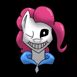 Size: 1048x1042 | Tagged: safe, artist:vladiverse, banned from derpibooru, deleted from derpibooru, derpibooru import, pinkie pie, ponified, pony, black background, crossover, game, sans (undertale), simple background, solo, undertale