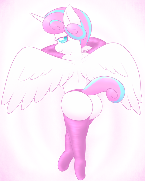 Size: 1000x1250 | Tagged: suggestive, artist:lamia, banned from derpibooru, deleted from derpibooru, derpibooru import, princess flurry heart, anthro, unguligrade anthro, the crystalling, ass, babycon, butt, clothes, evening gloves, female, flurrybutt, gloves, image, lolicon, long gloves, looking back, panties, png, smiling, socks, solo, solo female, spread wings, thigh highs, thong, underage, underwear, wings