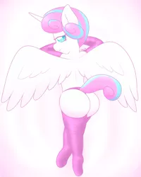 Size: 1000x1250 | Tagged: suggestive, artist:lamia, banned from derpibooru, deleted from derpibooru, derpibooru import, princess flurry heart, anthro, unguligrade anthro, the crystalling, ass, babycon, butt, clothes, evening gloves, female, flurrybutt, gloves, image, lolicon, long gloves, looking back, panties, png, smiling, socks, solo, solo female, spread wings, thigh highs, thong, underage, underwear, wings