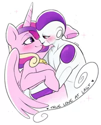 Size: 540x669 | Tagged: safe, artist:cuteosphere, banned from derpibooru, deleted from derpibooru, derpibooru import, princess cadance, blushing, crack shipping, crossover, crossover shipping, dragon ball, dragon ball z, frieza, misanderist, shipping