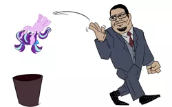 Size: 1920x1200 | Tagged: safe, artist:mixiepie, banned from derpibooru, deleted from derpibooru, derpibooru import, edit, penn jillette, starlight glimmer, the cutie re-mark, female, filly, into the trash it goes, simple background, trash can