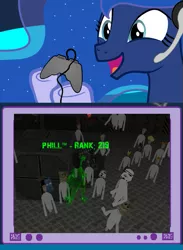 Size: 563x769 | Tagged: safe, banned from derpibooru, deleted from derpibooru, derpibooru import, princess luna, dinosaur, ghost, undead, velociraptor, gamer luna, 3d, doctor who, exploitable meme, game, gamer meme, iron man, meme, obligatory pony, paper bag, raptors online, stormtrooper, tv meme