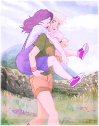 Size: 1024x1303 | Tagged: safe, artist:feellikeaplat, banned from derpibooru, deleted from derpibooru, derpibooru import, applejack, rarity, human, clothes, converse, dungarees, female, humanized, lesbian, piggyback ride, rarijack, shipping, shirt, shoes, shorts, sneakers, t-shirt