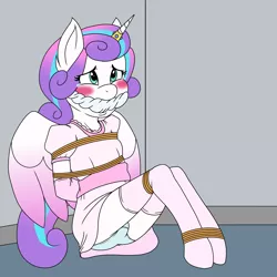 Size: 4000x4000 | Tagged: suggestive, artist:ryuseihikari, banned from derpibooru, deleted from derpibooru, derpibooru import, princess flurry heart, alicorn, anthro, unguligrade anthro, spoiler:s06, arm behind back, blue underwear, blushing, bondage, bound, box tied, cleave gag, cloth gag, clothes, crying, dress, evening gloves, female, gag, gloves, horn, horn ring, image, kidnapped, lolicon, long gloves, magic suppression, panties, panty shot, png, ring, rope, skirt, solo, solo female, stockings, teary eyes, thigh highs, underage, underwear, upskirt