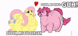 Size: 791x364 | Tagged: safe, banned from derpibooru, deleted from derpibooru, derpibooru import, edit, fluttershy, pinkie pie, belly, fat, fattershy, heart (organ), lordryu fat edit, love, morbidly obese, obese, organs, shipping