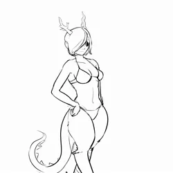 Size: 2000x2000 | Tagged: suggestive, artist:mimicpony, banned from derpibooru, deleted from derpibooru, derpibooru import, oc, oc:kaos, unofficial characters only, satyr, bikini, black and white, clothes, grayscale, monochrome, offspring, parent:discord, solo, swimsuit