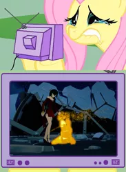 Size: 563x771 | Tagged: safe, banned from derpibooru, deleted from derpibooru, derpibooru import, fluttershy, cinder fall, death, exploitable meme, fluttercry, meme, obligatory pony, pyrrha nikos, rwby, spoilers for another series, tv meme