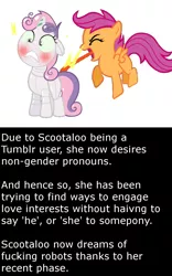 Size: 872x1395 | Tagged: suggestive, banned from derpibooru, deleted from derpibooru, derpibooru import, edit, vector edit, scootaloo, sweetie belle, robot, 1000 hours in ms paint, butt licking, implied robot fetish, licking, misspelling, short circuit, sweetie bot, text, tongue out, tumblr, vector, vulgar