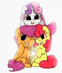 Size: 1246x1467 | Tagged: safe, artist:imarieu, banned from derpibooru, deleted from derpibooru, derpibooru import, apple bloom, scootaloo, sweetie belle, adorabloom, chest fluff, cute, cutealoo, cutie mark crusaders, diasweetes, grin, one eye closed, smiling, tongue out, weapons-grade cute, wink