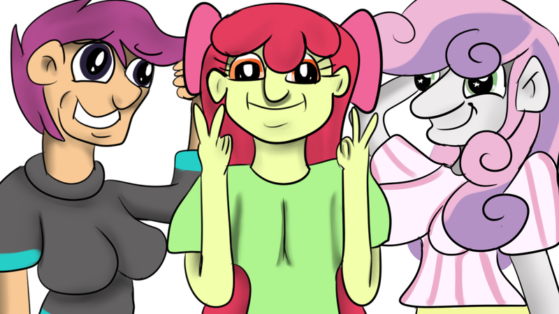 Size: 1280x720 | Tagged: safe, artist:jbond, banned from derpibooru, deleted from derpibooru, derpibooru import, apple bloom, scootaloo, sweetie belle, equestria girls, cutie mark crusaders, nightmare fuel, peace sign, simple background, white background