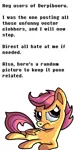 Size: 784x1540 | Tagged: safe, artist:fillerartist, banned from derpibooru, deleted from derpibooru, derpibooru import, scootaloo, message, obligatory pony, op started shit, solo, sorry, text
