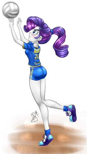 Size: 1086x1909 | Tagged: suggestive, artist:pia-sama, banned from derpibooru, deleted from derpibooru, derpibooru import, edit, rarity, human, equestria girls, alternate hairstyle, ass, butt, cropped, female, humanized, solo, solo female, sports, volleyball