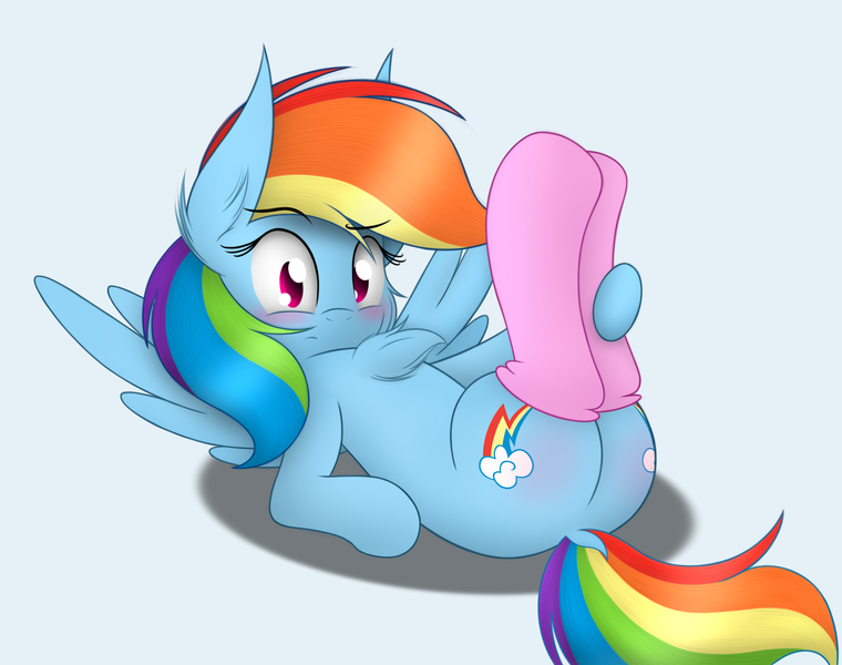 Size: 1900x1500 | Tagged: safe, artist:onlytheponies, banned from derpibooru, deleted from derpibooru, derpibooru import, rainbow dash, butt, chest fluff, clothes, dock, legs in air, looking at you, on back, plot, simple background, socks, solo