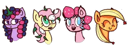 Size: 608x230 | Tagged: safe, artist:yung-amaris, banned from derpibooru, deleted from derpibooru, derpibooru import, applejack, fluttershy, pinkie pie, twilight sparkle, banana, food, fruit, grapes, hatless, mane, missing accessory, strawberry