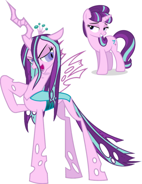 Size: 786x1016 | Tagged: safe, artist:absolutecactus, banned from derpibooru, deleted from derpibooru, derpibooru import, edit, queen chrysalis, starlight glimmer, palette swap, recolor