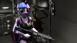 Size: 3840x2160 | Tagged: dead source, semi-grimdark, artist:legoguy9875, banned from derpibooru, deleted from derpibooru, derpibooru import, twilight sparkle, anthro, spider, 3d, grimdark source, gun, image, png, solo, source filmmaker, weapon