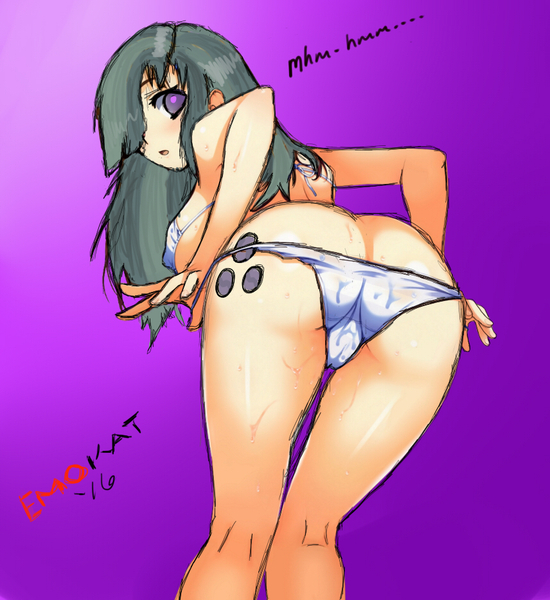 Size: 856x933 | Tagged: questionable, artist:emokat, banned from derpibooru, deleted from derpibooru, derpibooru import, edit, marble pie, human, ass, bikini, butt, cameltoe, clothes, female, humanized, looking at you, marblebutt, panties, recreation, solo, solo female, sweat, swimsuit, the ass was fat, underwear, undressing, wet