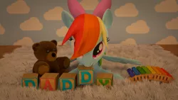 Size: 1024x576 | Tagged: safe, artist:cumill11, banned from derpibooru, deleted from derpibooru, derpibooru import, rainbow dash, 3d, blender, blocks, bow, carpet, cumill11's little dashie, hair bow, looking at you, solo, teddy bear, xylophone