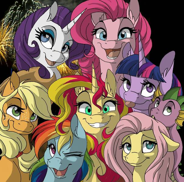 Size: 1412x1400 | Tagged: safe, artist:ghosteel, banned from derpibooru, deleted from derpibooru, derpibooru import, applejack, fluttershy, pinkie pie, rainbow dash, rarity, spike, sunset shimmer, twilight sparkle, art theft, ban this, copyright, downvote, fake, fraud, mane seven, mane six, trace