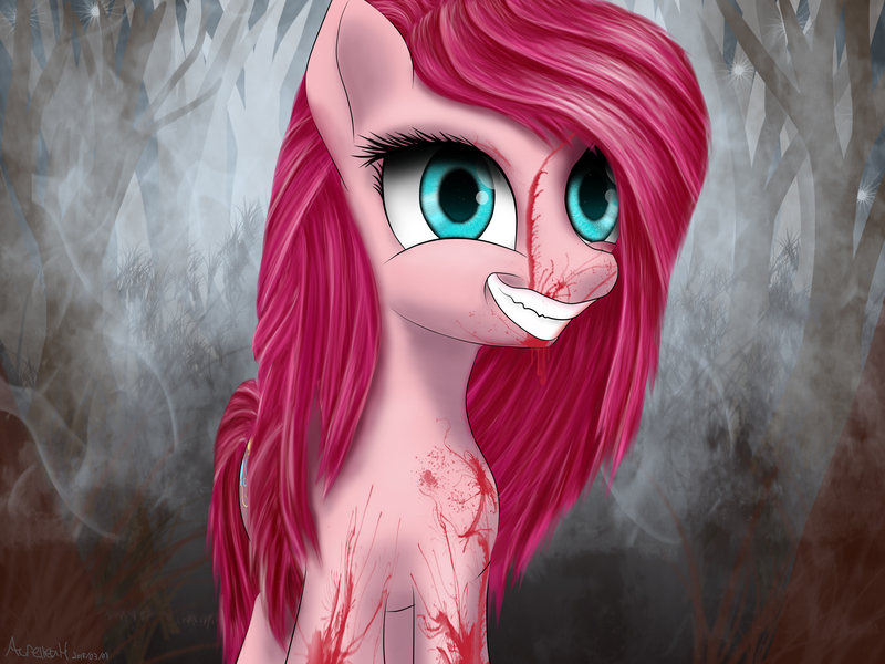 Size: 6400x4800 | Tagged: semi-grimdark, artist:aurelleah, banned from derpibooru, deleted from derpibooru, derpibooru import, pinkie pie, absurd resolution, blood, dark, detailed, digital, forest, painting, pinkamena diane pie, sinister, solo