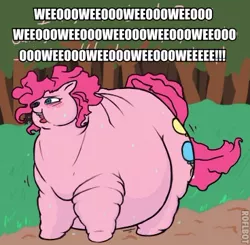 Size: 368x361 | Tagged: safe, banned from derpibooru, deleted from derpibooru, derpibooru import, edit, pinkie pie, caption, fat, image macro, kung pow, lordryu fat edit, morbidly obese, obese, sweat, text, wtf