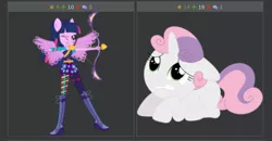 Size: 1826x951 | Tagged: safe, artist:lunarina, banned from derpibooru, deleted from derpibooru, derpibooru import, sweetie belle, twilight sparkle, derpibooru, equestria girls, archer, arrow, bow (weapon), bow and arrow, cowering, exploitable meme, juxtaposition, juxtaposition win, meme, meta, weapon
