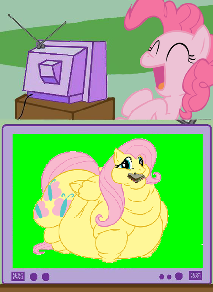 Size: 563x770 | Tagged: safe, banned from derpibooru, deleted from derpibooru, derpibooru import, edit, fluttershy, pinkie pie, pony, exploitable meme, fat, fattershy, lordryu fat edit, meme, morbidly obese, obese, obligatory pony, tv meme