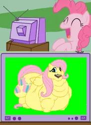 Size: 563x770 | Tagged: safe, banned from derpibooru, deleted from derpibooru, derpibooru import, edit, fluttershy, pinkie pie, pony, exploitable meme, fat, fattershy, lordryu fat edit, meme, morbidly obese, obese, obligatory pony, tv meme