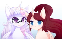 Size: 1280x795 | Tagged: safe, artist:pastelmistress, banned from derpibooru, deleted from derpibooru, derpibooru import, oc, oc:auroras, oc:crescent, unofficial characters only, alicorn, pony, alicorn oc, cousins, gradient background, horn, magical lesbian spawn, offspring, parent:moondancer, parent:princess celestia, parent:princess luna, parent:twilight sparkle, parents:lunadancer, parents:twilestia, wings