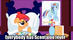 Size: 626x342 | Tagged: safe, artist:creshosk, banned from derpibooru, deleted from derpibooru, derpibooru import, scootaloo, caption, fever, ice pack (object), image macro, text, thermometer