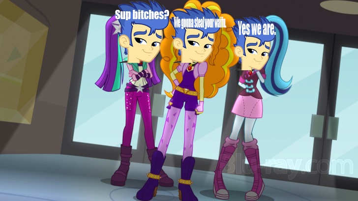 Size: 728x409 | Tagged: safe, banned from derpibooru, deleted from derpibooru, derpibooru import, adagio dazzle, aria blaze, flash sentry, sonata dusk, equestria girls, rainbow rocks, big bad brad, caption, exploitable meme, image macro, meme, text, the dazzlings, waifu thief