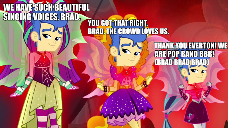 Size: 948x533 | Tagged: safe, banned from derpibooru, deleted from derpibooru, derpibooru import, adagio dazzle, aria blaze, flash sentry, sonata dusk, equestria girls, rainbow rocks, big bad brad, brad, caption, concert, exploitable meme, image macro, meme, music, night, singing, stage, text, the dazzlings