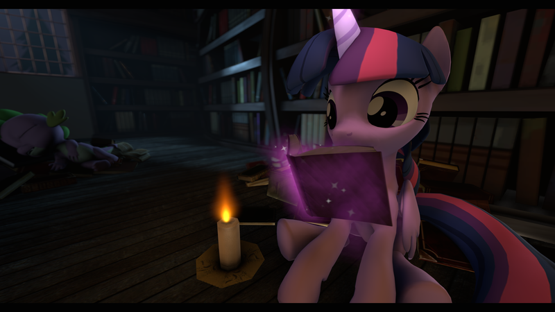 Size: 3840x2160 | Tagged: safe, artist:xppp1n, banned from derpibooru, deleted from derpibooru, derpibooru import, spike, twilight sparkle, twilight sparkle (alicorn), alicorn, pony, 3d, book, bookshelf, female, library, mare, source filmmaker