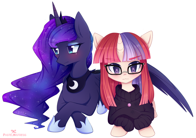 Size: 1280x897 | Tagged: safe, artist:pastelmistress, banned from derpibooru, deleted from derpibooru, derpibooru import, moondancer, princess luna, blushing, cute, dancerbetes, female, lesbian, lunabetes, lunadancer, shipping