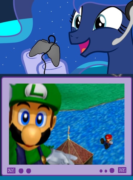 Size: 1138x1536 | Tagged: safe, banned from derpibooru, deleted from derpibooru, derpibooru import, princess luna, gamer luna, exploitable meme, luigi, melee, meme, obligatory pony, super smash bros., tv meme