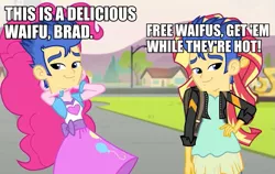 Size: 883x557 | Tagged: safe, banned from derpibooru, deleted from derpibooru, derpibooru import, flash sentry, equestria girls, big bad brad, brad, canterlot high, eating, exploitable meme, food, meme