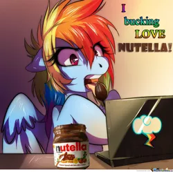 Size: 900x898 | Tagged: artist needed, safe, banned from derpibooru, deleted from derpibooru, derpibooru import, rainbow dash, computer, food, nutella, text