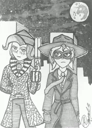 Size: 2376x3301 | Tagged: safe, artist:atisuto17, banned from derpibooru, deleted from derpibooru, derpibooru import, sunset shimmer, trixie, octopus, pony, unicorn, comic, comics, crime, crossover, detective, fedora, female, frank miller, grayscale, hat, mare, monochrome, movie reference, pulp hero, short hair, superhero, the spirit, traditional art, will eisner