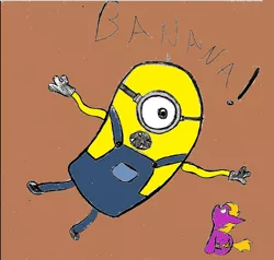 Size: 807x768 | Tagged: safe, banned from derpibooru, deleted from derpibooru, derpibooru import, oc, banana, food, minion, minions, text