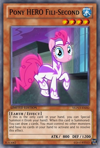 Size: 333x493 | Tagged: safe, artist:poppixierex, banned from derpibooru, deleted from derpibooru, derpibooru import, fili-second, pinkie pie, card, crossover, parody, power ponies, tcg, text, trading card, yu-gi-oh!