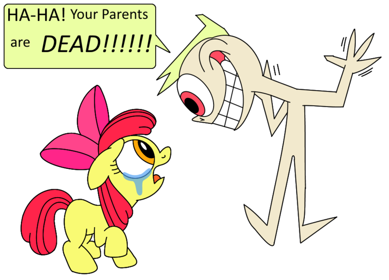 Size: 947x683 | Tagged: safe, artist:freepi, banned from derpibooru, deleted from derpibooru, derpibooru import, apple bloom, human, applejack's parents, crying, dead parents, haha, mean, sad